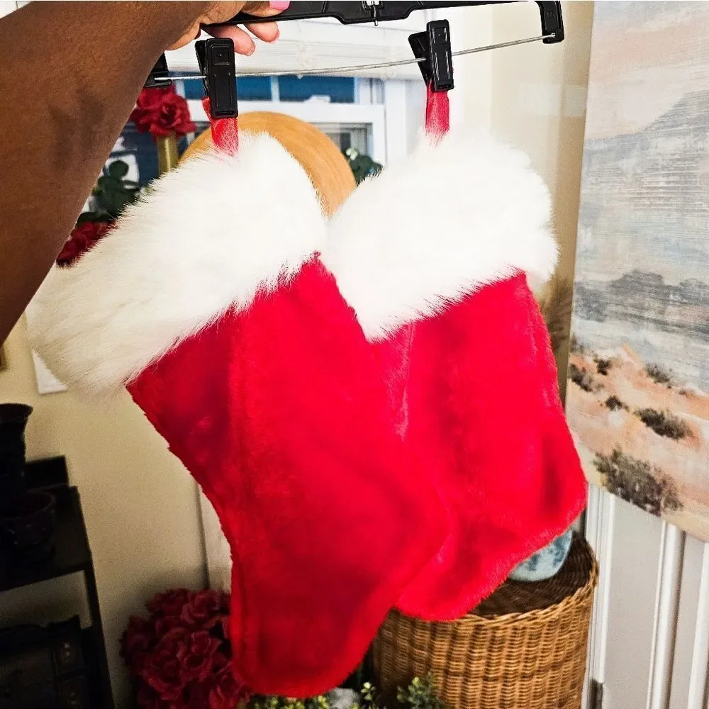Set Of 2 Retro Fuzzy Cloth Red & White Christmas Holiday Stocking.
